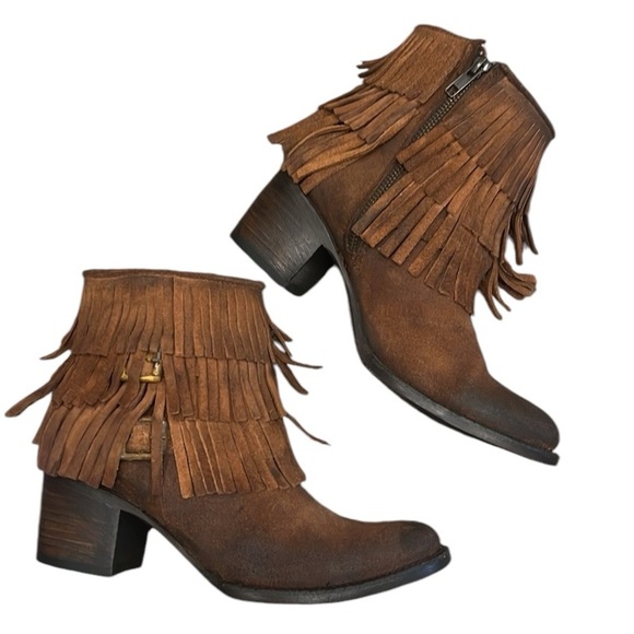 Freebird by Steven Belle Fringe Boho Bootie Suede BOOTS Western Brown Boots SZ 7 - Picture 1 of 12